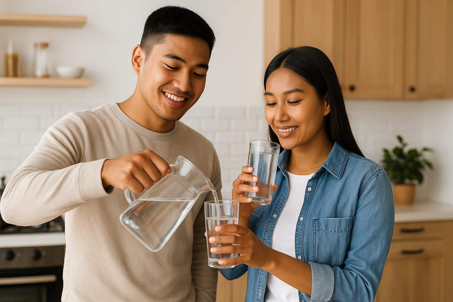 Семья пьёт чистую воду дома